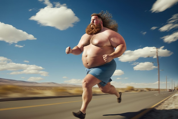 Ein übergewichtiger dicker Mann in Sportkleidung rennt mit Entschlossenheit und strebt danach, Fett zu verlieren und die von Ai erzeugte Vitalität wiederzugewinnen