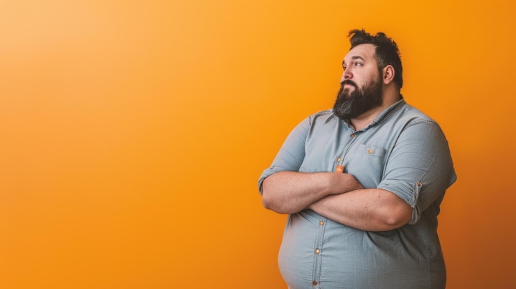 Foto ein überlegender mann an einer gelben mauer