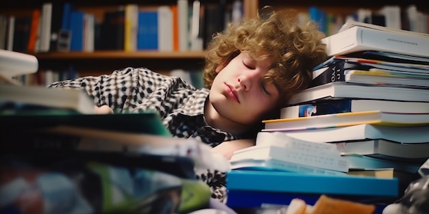 Ein übermäßig erschöpfter Student schläft auf einem Stapel Lehrbüchern in seinem Zimmer