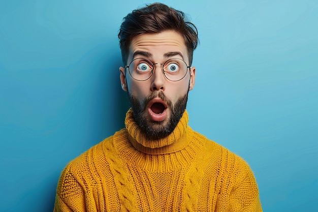 Ein überraschter Mann mit Bart, Brille und gelbem Pullover isolierte sich auf einem blauen Hintergrund in einem