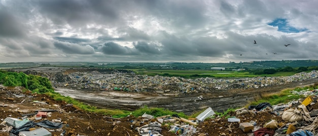 Ein überwältigender Panoramablick auf eine riesige Mülldeponie mit Bergen an angesammeltem Müll und Trümmern, die sich so weit erstrecken, wie das Auge sehen kann, gegen einen düsteren, vorgefahrigen Himmel voller Vögel