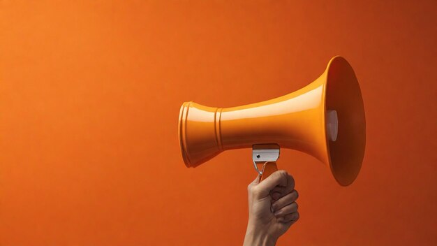 Ein überzeugendes 4K-Bild, das eine Nahaufnahme eines Megaphons vor einem orangefarbenen Hintergrund darstellt