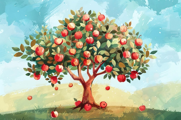 Ein üppiger Apfelbaum in einem malerischen Obstgarten mit reifen Äpfeln und grünen Blättern