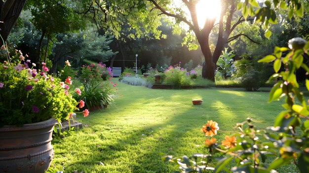 Foto ein üppiger garten, der im warmen sonnenlicht gebadet wird, lädt zu friedlicher entspannung und ruhiger betrachtung ein