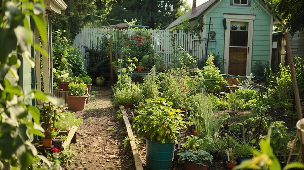 Foto ein üppiger garten mit einer vielzahl von pflanzen und blumen der garten ist gut gepflegt und die pflanzen sind alle gesund und grün