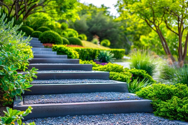 Ein üppiger Gartenweg mit zeitgenössischen Stufen