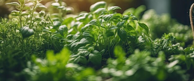 Ein üppiger grüner Garten mit Kräutern und Gemüse