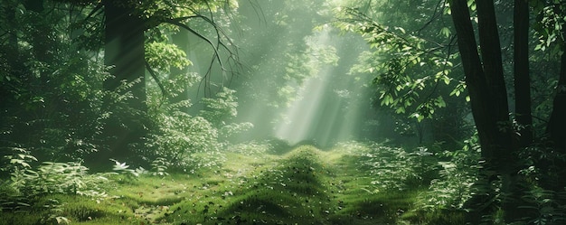 Ein üppiger grüner Wald mit hohen Bäumen und Sonnenlicht, das durch die Blätter filtert