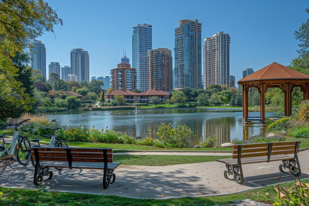 Ein üppiger Stadtpark mit Parkbänken und Fahrrädern der Stadt als Hintergrund für professionelle Fotografie