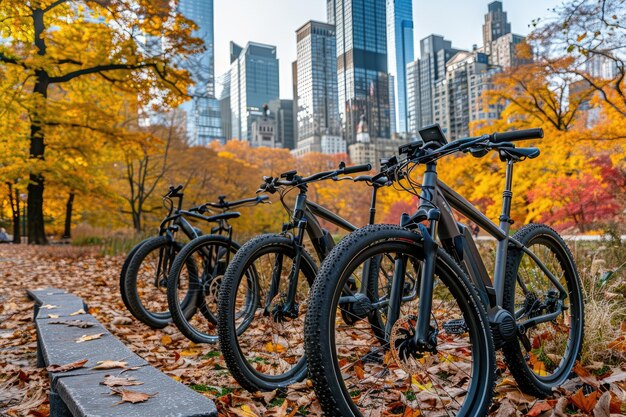 Ein üppiger Stadtpark mit Parkbänken und Fahrrädern der Stadt als Hintergrund für professionelle Fotografie