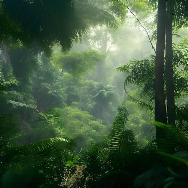Ein üppiger, tiefgrüner tropischer Dschungel mit einem dichten Baumdach und einem Sinn für Erkundung