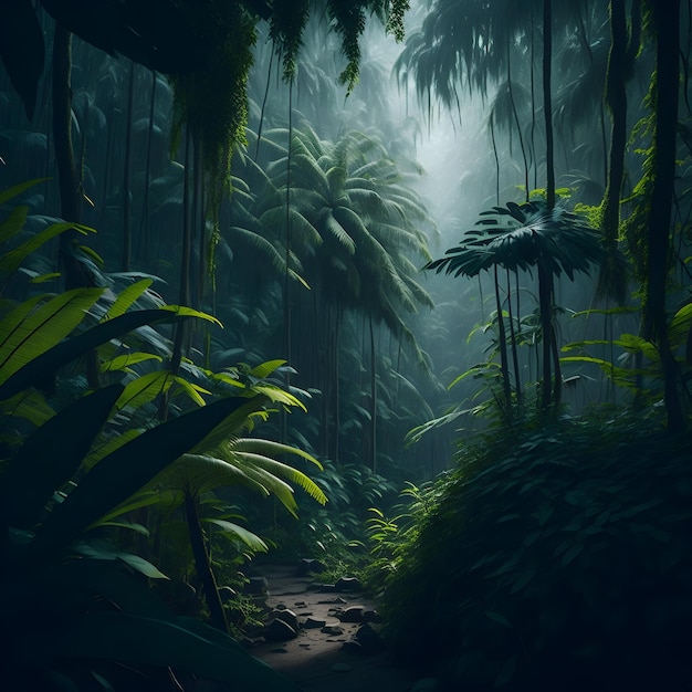 Ein üppiger, tiefgrüner tropischer Dschungel mit einem dichten Baumdach und einem Sinn für Erkundung