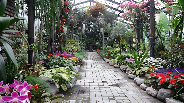 Ein üppiger tropischer Garten mit einem Steinpfad und bunten Blumen und Pflanzen