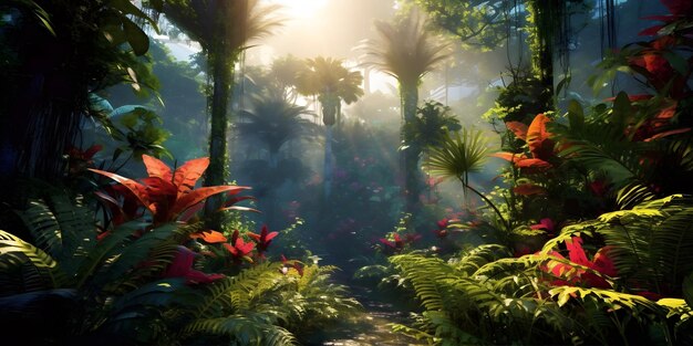 Ein üppiger tropischer Regenwald voller Farben und Texturen. Hoch aufragende Palmen ragen gen Himmel. Generative KI