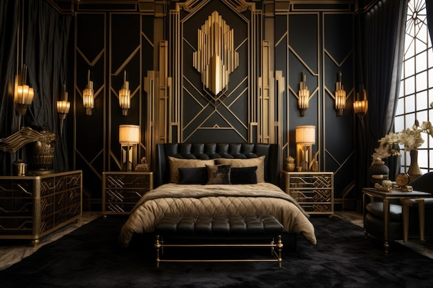 Foto ein üppiges art-deco-schlafzimmer mit einem gold-schwarzen farbschema