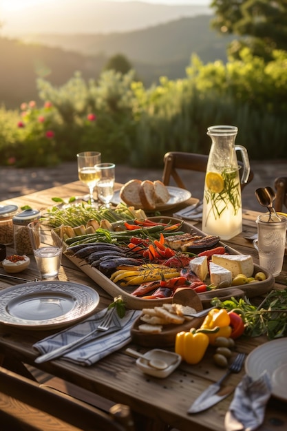 Ein üppiges Essen im Freien mit gegrilltem Gemüse und Erfrischungen auf einem rustikalen Tisch bei Sonnenuntergang