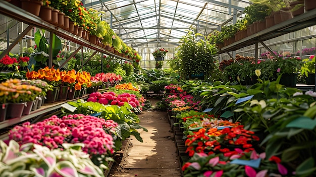 Ein üppiges Gewächshaus mit lebendigen Blumen und üppigem Laub