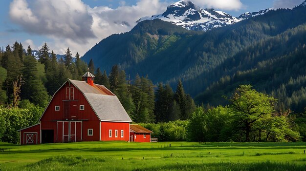 Ein üppiges grünes Feld mit einer roten Scheune und schneebedeckten Bergen in der Ferne Die Scheune ist aus Holz und hat ein weißes Dach