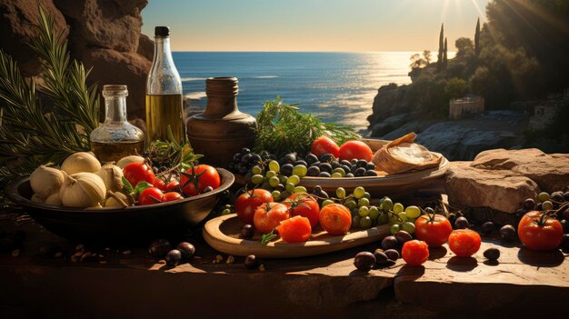 Ein üppiges mediterranes Essen auf einem rustikalen Holztisch mit Blick auf das Meer