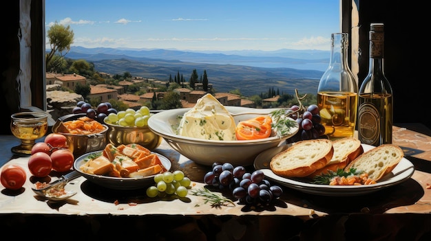 Foto ein üppiges mediterranes essen auf einem rustikalen holztisch mit blick auf das meer