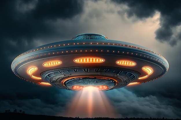 Ein UFO am Himmel mit eingeschaltetem Licht