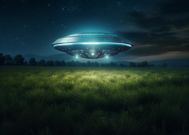 Ein UFO fliegt über ein Feld mit einer grünen Wiese und dem Himmel darüber