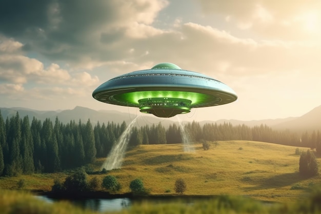 Ein Ufo fliegt über einen See mit Bergen im Hintergrund