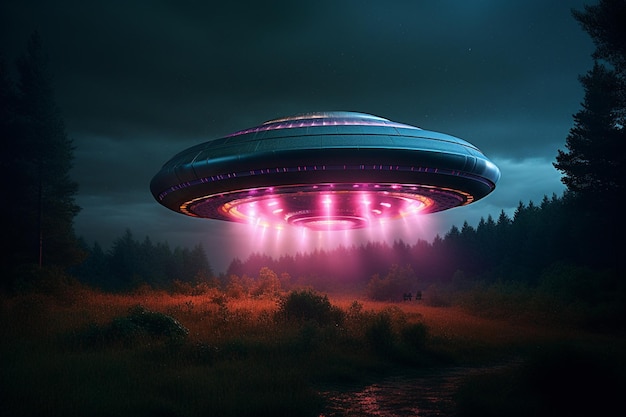Ein UFO fliegt über einen Wald mit einem dunklen Himmel im Hintergrund.