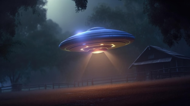 Ein UFO vor einer Scheune mit einem Haus im Hintergrund.