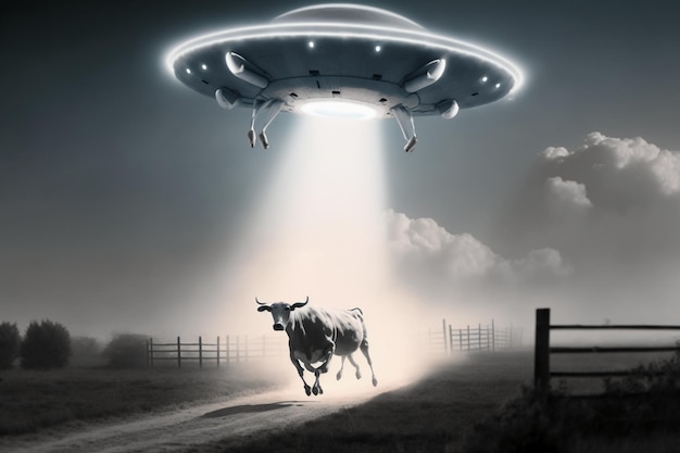 Ein Ufo wird von einer Kuh auf einem Feld gejagt.