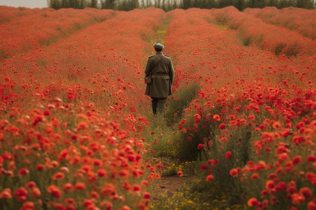 Ein ukrainischer Soldat, der durch ein Mohnfeld geht, das die Erinnerung darstellt