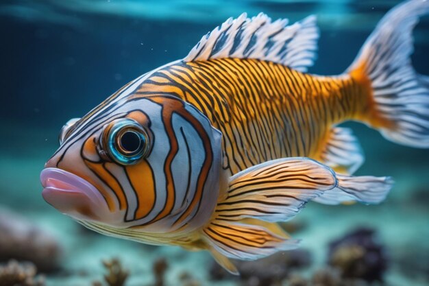 Ein Ultrabild eines bunten Fisches, der von der Kamera wegschwimmt