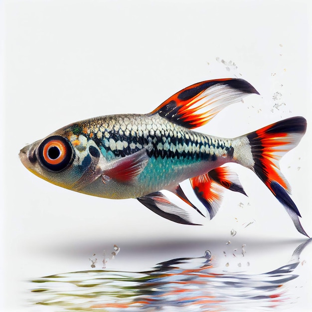 Ein ultrarealistischer Harlekin-Rasbora-Fisch, der springt, indem er auf einen weißen Hintergrund spritzt