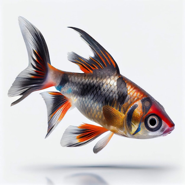 Ein ultrarealistischer Harlekin-Rasbora-Fisch, der springt, indem er auf einen weißen Hintergrund spritzt