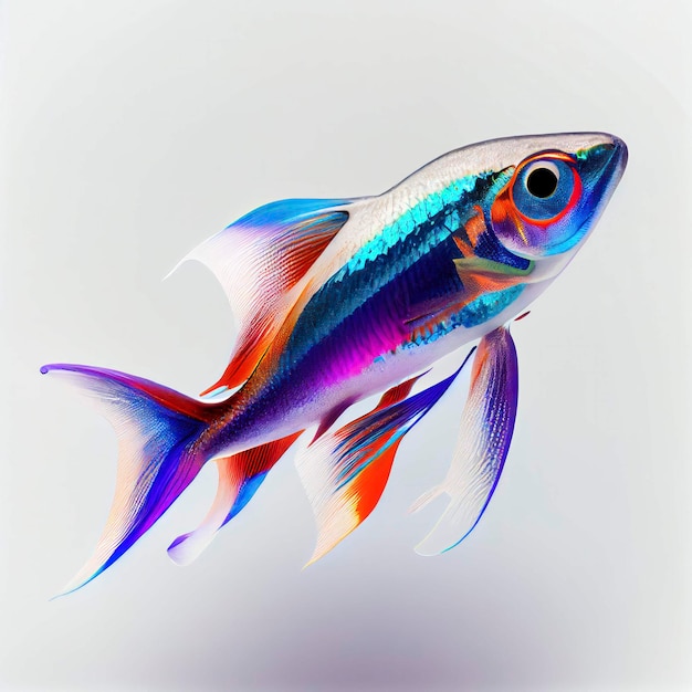 Ein ultrarealistischer Neon-Tetra-Fisch, der springt, indem er auf einen weißen Hintergrund spritzt