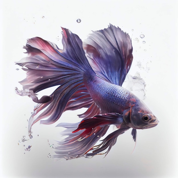 Ein ultrarealistischer siamesischer Kampffisch, der springt, indem er auf einen weißen Hintergrund spritzt
