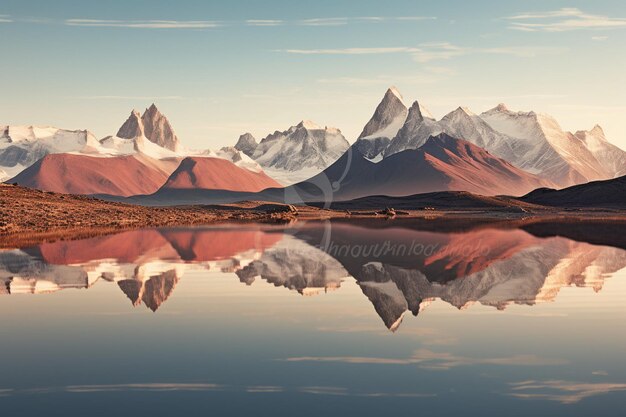 Ein unberührter See reflektiert auf dem Hintergrund hoch aufragende Gipfel