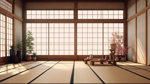 Foto ein unbewohnter traditioneller japanischer raum mit einem fußboden aus tatami-matten, einem holz-shoji-wi