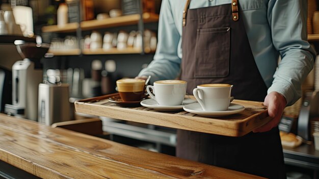 Ein unerkennbarer Mann trägt in einem Café ein Holzplattchen mit verschiedenen Kaffeesorten