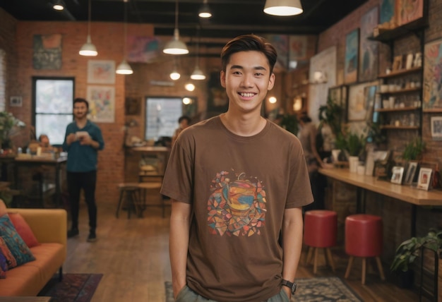 Ein ungezwungener junger Mann steht zuversichtlich in einem lebendigen Café. Er trägt ein braunes T-Shirt mit einem einzigartigen