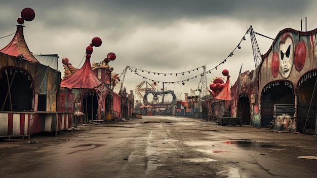 Ein unheimlicher verlassener Karneval unter einem bewölkten Himmel