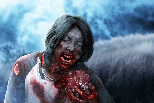 Ein unheimlicher Zombie mit Blut und Wunde am Körper isst das rohe Fleisch auf dem Feld