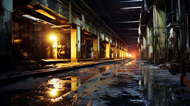 Ein unheimliches verlassenes Fabrikgebäude mit Wasser auf dem Boden und schwacher Beleuchtung