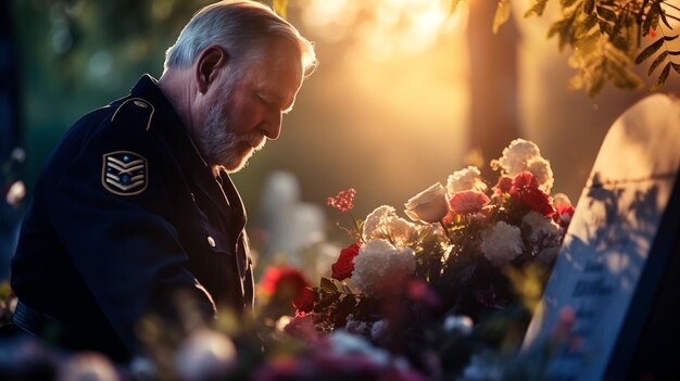 ein uniformierter Soldat liefert Blumen auf einem Friedhof