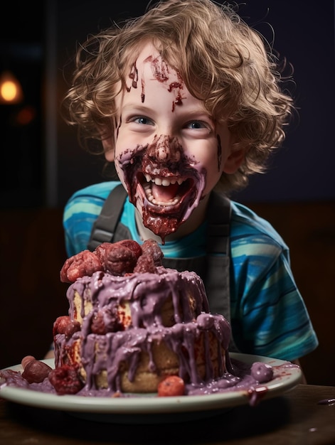 Ein unordentlicher, lächelnder Junge mit einem Kuchen auf dem Gesicht