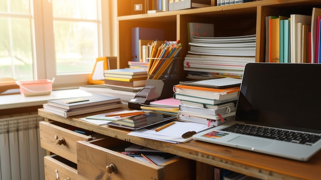 Ein unordentlicher Schreibtisch mit einem Laptop, Büchern und Papieren