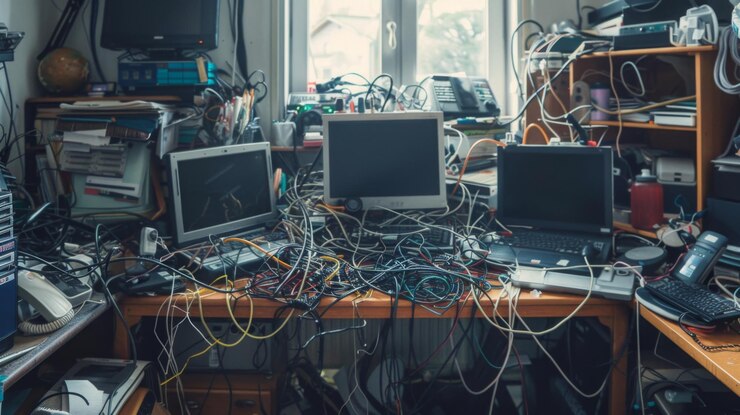 Foto ein unordentlicher schreibtisch mit mehreren elektronikgeräten und einem verwirrten durcheinander von drähten der schreibtisk ist in einem raum mit einem