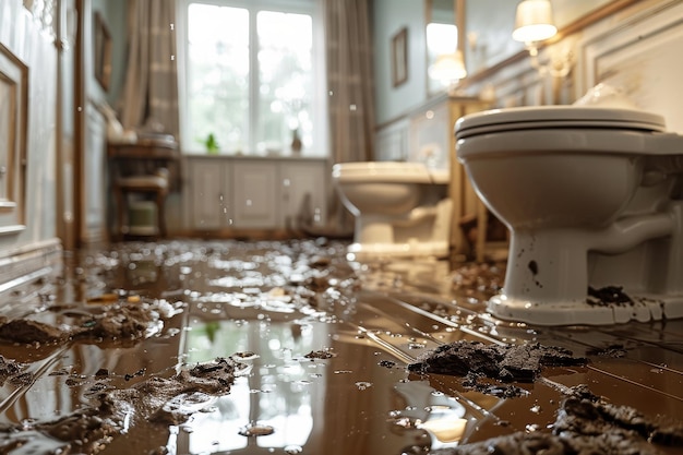 Ein unordentliches Badezimmer mit Toilettenabfällen