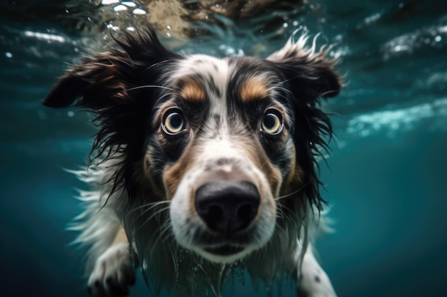 Ein unter Wasser schwimmender Hund mit blauem Hintergrund und dem Wort Hund auf der Unterseite. Generative KI