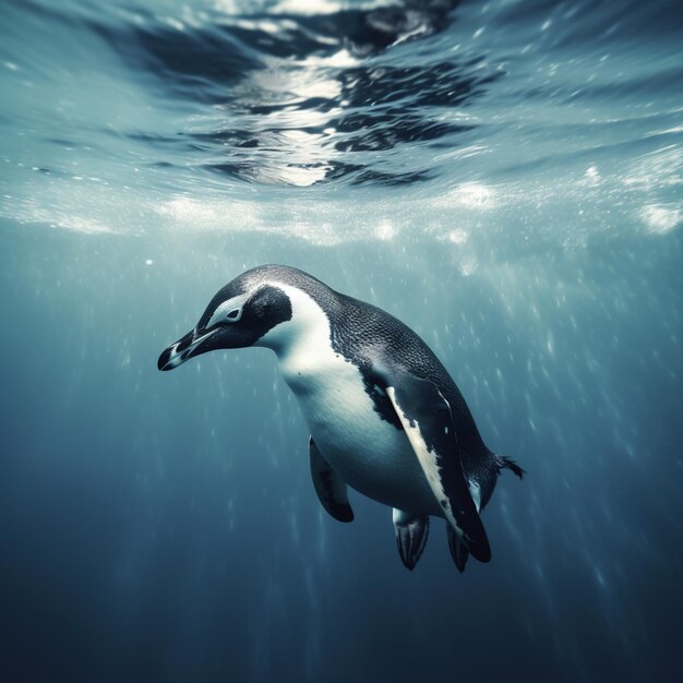 Ein unter Wasser schwimmender Pinguin mit dem Wort „Pinguin“ darauf.